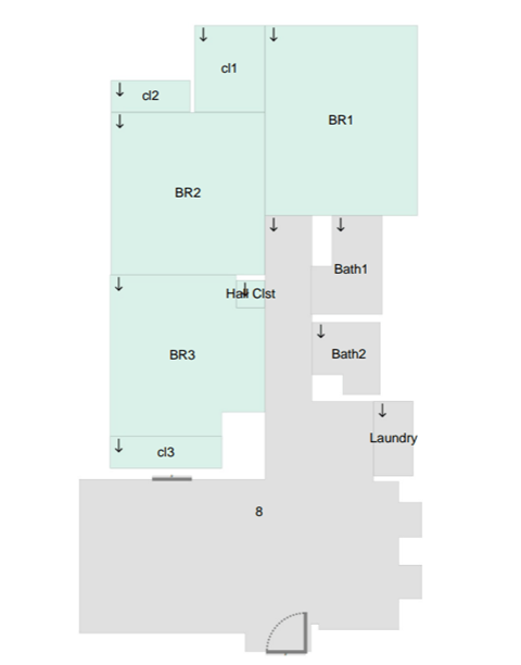 A diagram shows a floor plan with labeled rooms and areas such as Bath1, Bath2, Laundry, and Hall Closet.